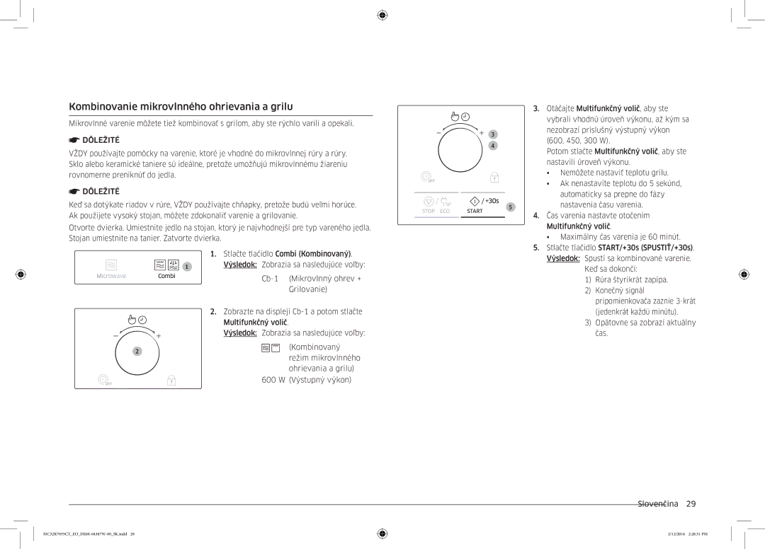 Samsung MC32K7055CT/EO manual Kombinovanie mikrovlnného ohrievania a grilu, Čas Slovenčina  